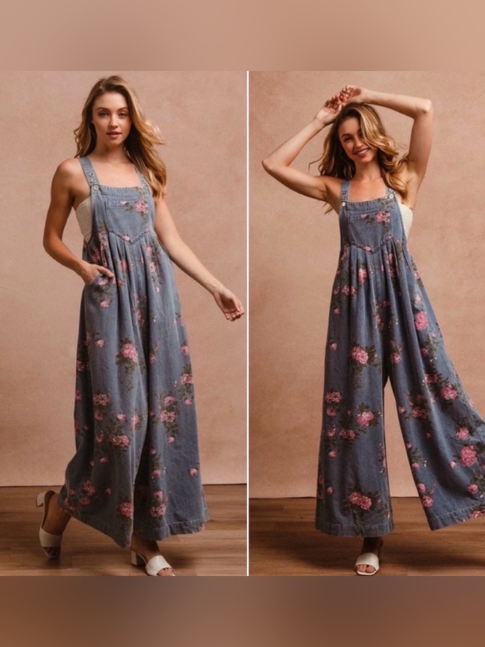 BiBi Blue Floral Wide-Leg Denim-Style Jumpsuit
